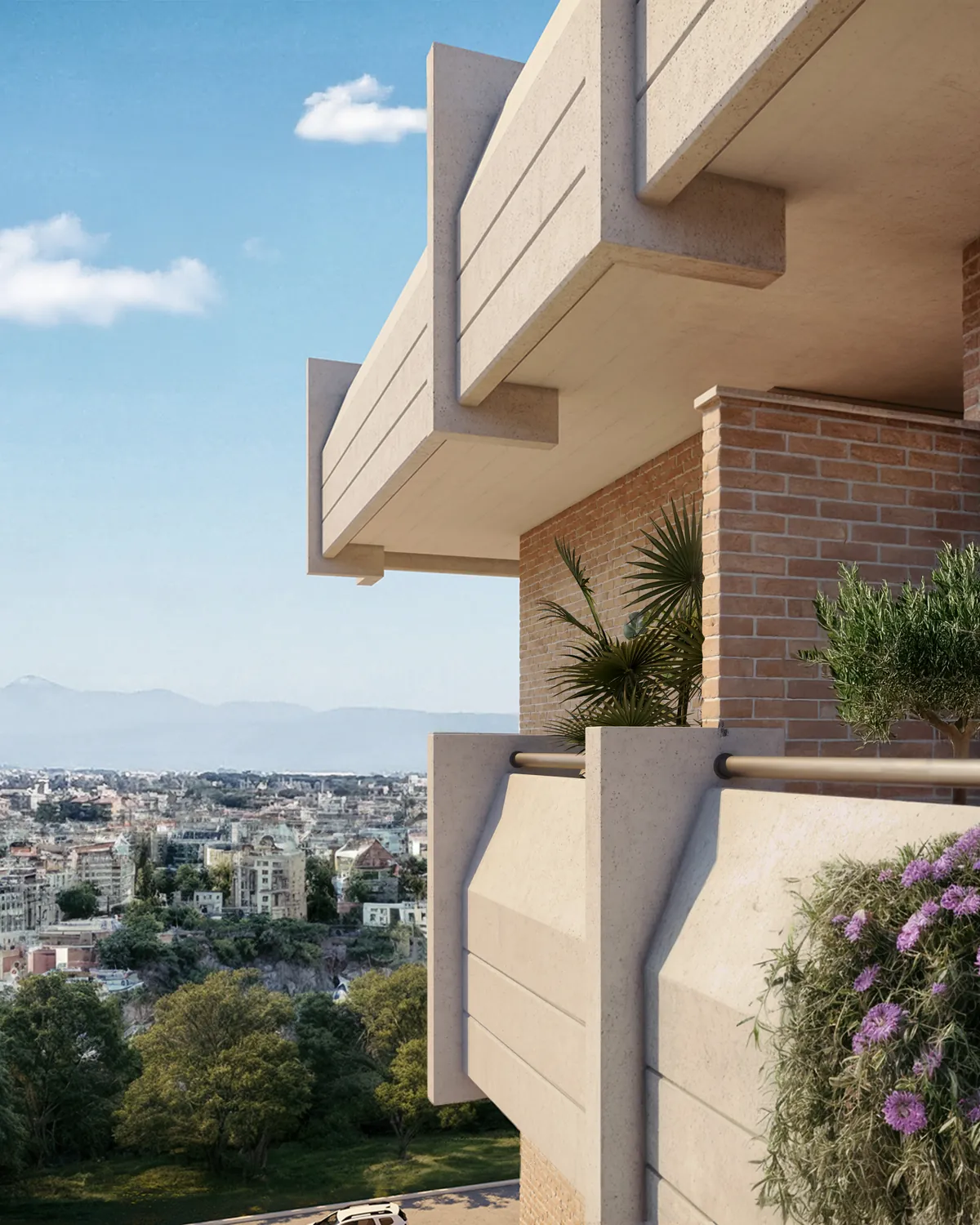 Un balcone fiorito di Dea Minerva con la vista sulla città, render
