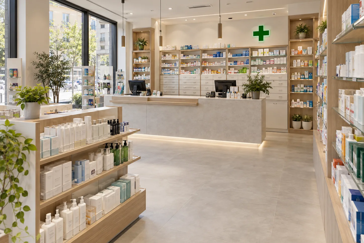 Un locale commerciale allestito come farmacia, immagine generata con IA