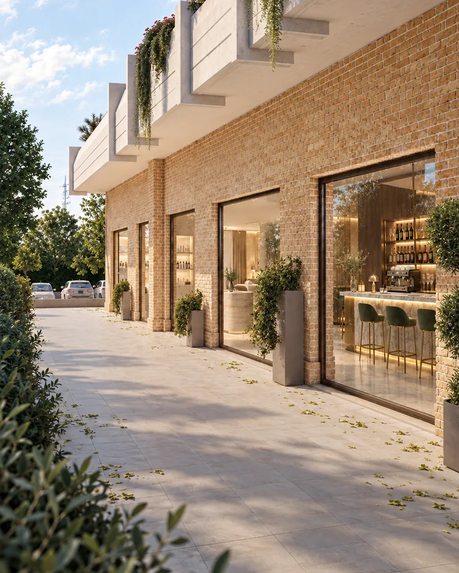 L'interno di un locale commerciale allestito, visto dalla vetrina, render