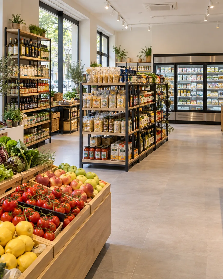 Un locale commerciale allestito come negozio di alimentari, immagine generata con IA