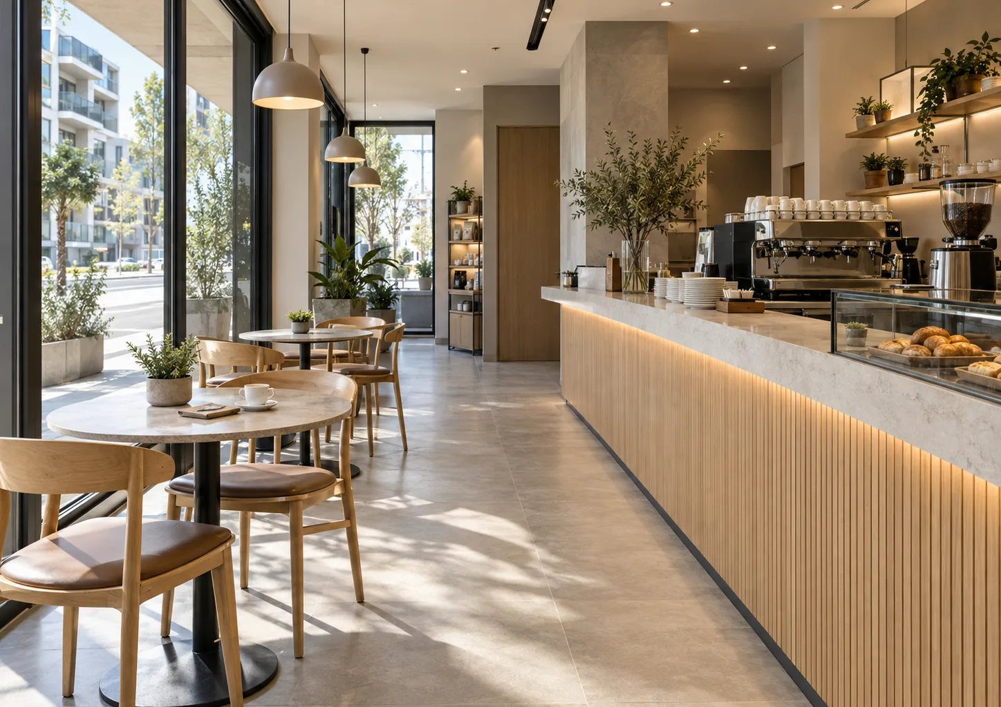 Un locale commerciale allestito come caffetteria, con le vetrine sulla strada, immagine generata con IA